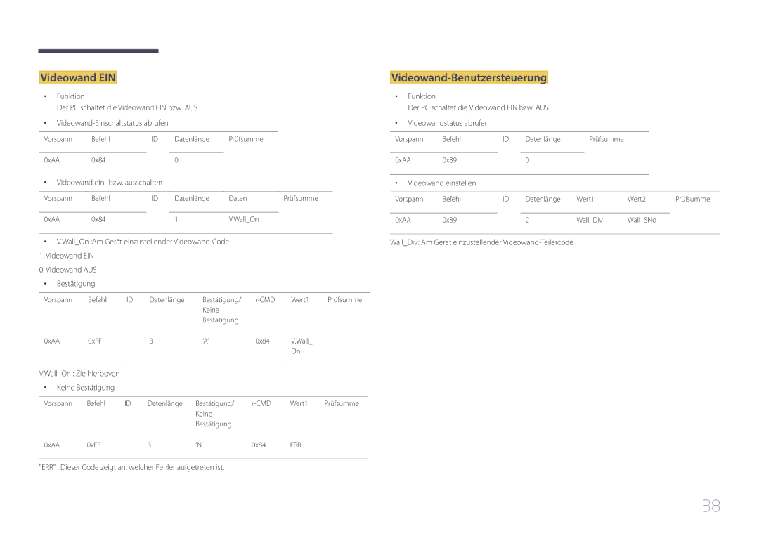 Samsung LH46UDCPLBB/EN manual Videowand-Benutzersteuerung, Funktion Der PC schaltet die Videowand EIN bzw. AUS 