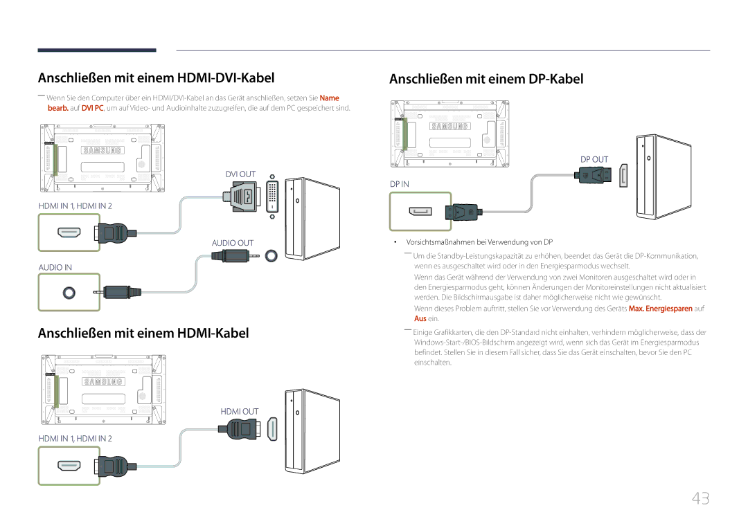 Samsung LH55UDCPLBB/EN, LH46UDCPLBB/EN manual Anschließen mit einem HDMI-DVI-Kabel, Anschließen mit einem HDMI-Kabel 