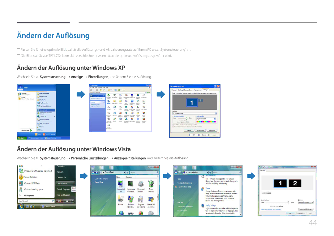 Samsung LH46UDCPLBB/EN, LH55UDCPLBB/EN Ändern der Auflösung unter Windows XP, Ändern der Auflösung unter Windows Vista 