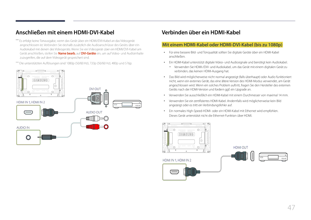 Samsung LH55UDCPLBB/EN manual Verbinden über ein HDMI-Kabel, Mit einem HDMI-Kabel oder HDMI-DVI-Kabel bis zu 1080p 