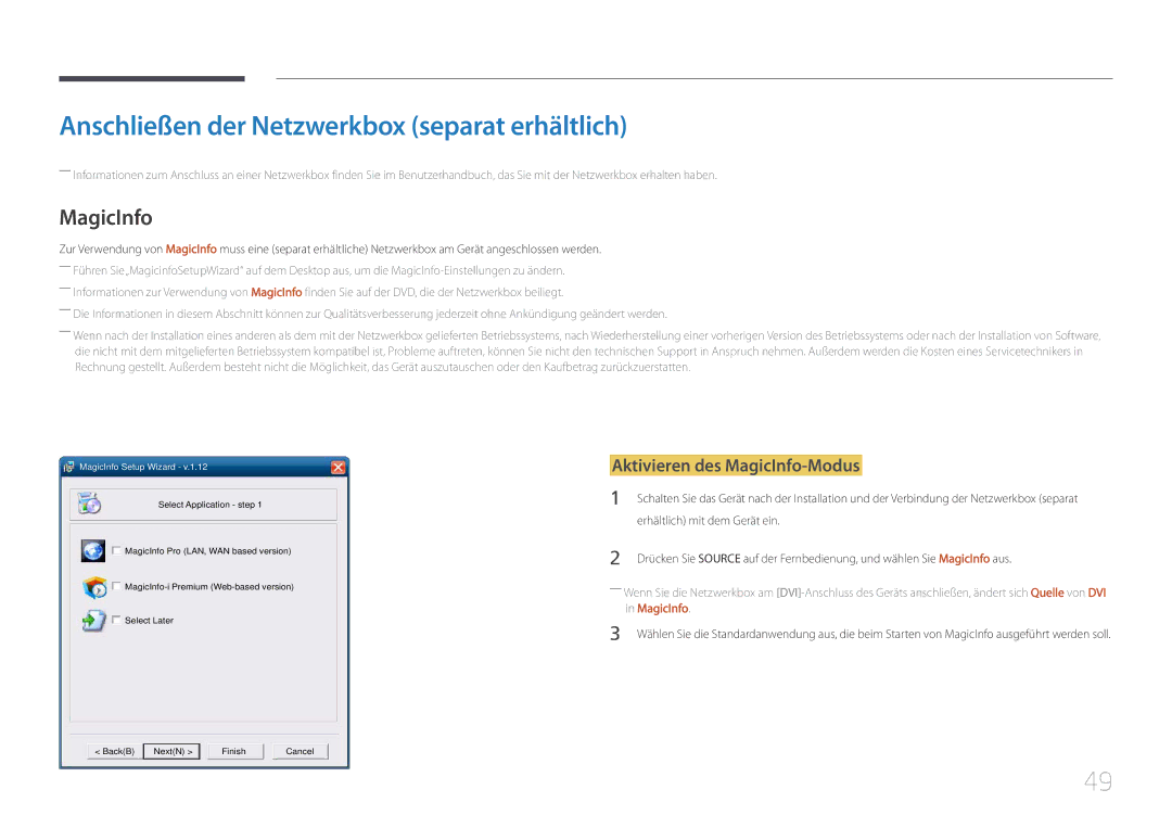 Samsung LH55UDCPLBB/EN, LH46UDCPLBB/EN Anschließen der Netzwerkbox separat erhältlich, Aktivieren des MagicInfo-Modus 