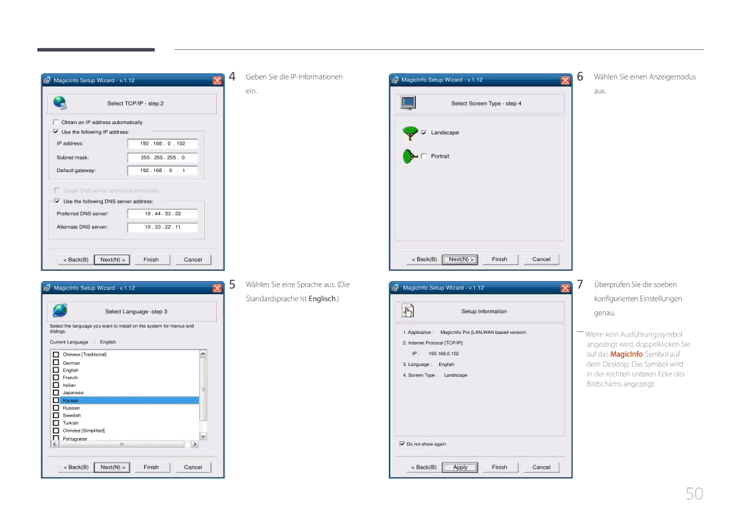 Samsung LH46UDCPLBB/EN, LH55UDCPLBB/EN manual Geben Sie die IP-Informationen ein, Select TCP/IP step 