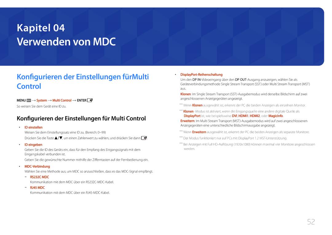 Samsung LH46UDCPLBB/EN, LH55UDCPLBB/EN manual Verwenden von MDC, Konfigurieren der Einstellungen fürMulti Control 