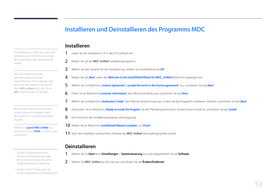Samsung LH55UDCPLBB/EN, LH46UDCPLBB/EN manual Installieren und Deinstallieren des Programms MDC 