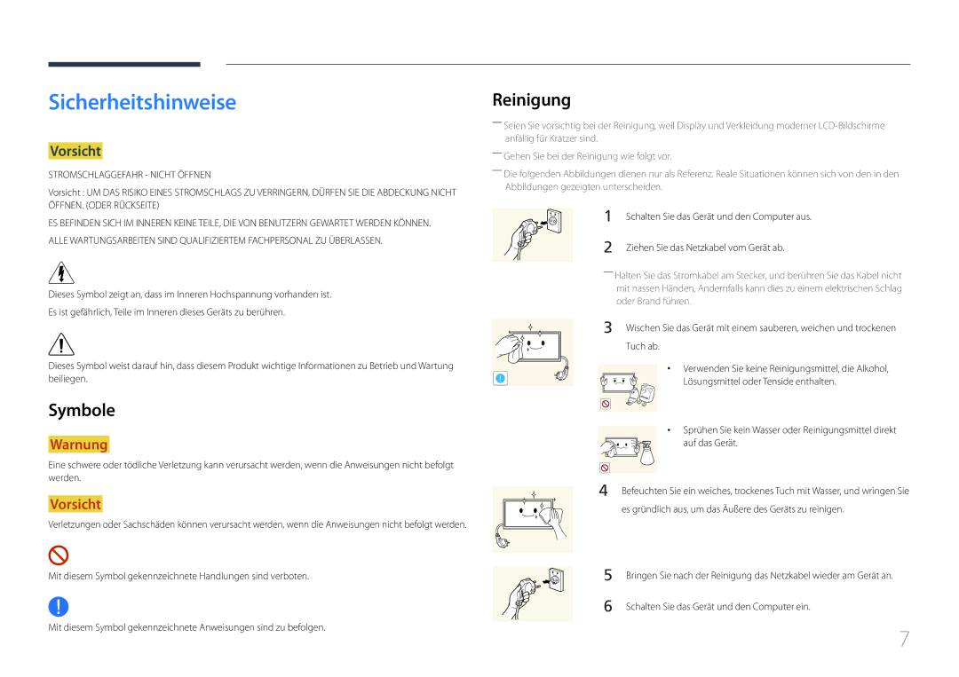 Samsung LH55UDCPLBB/EN, LH46UDCPLBB/EN manual Sicherheitshinweise, Reinigung, Symbole, Vorsicht 