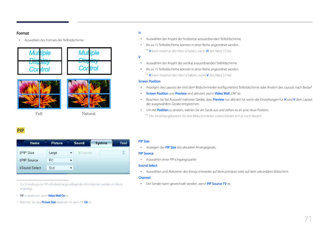 Samsung LH55UDCPLBB/EN, LH46UDCPLBB/EN manual Pip, Auswählen des Formats der Teilbildschirme 