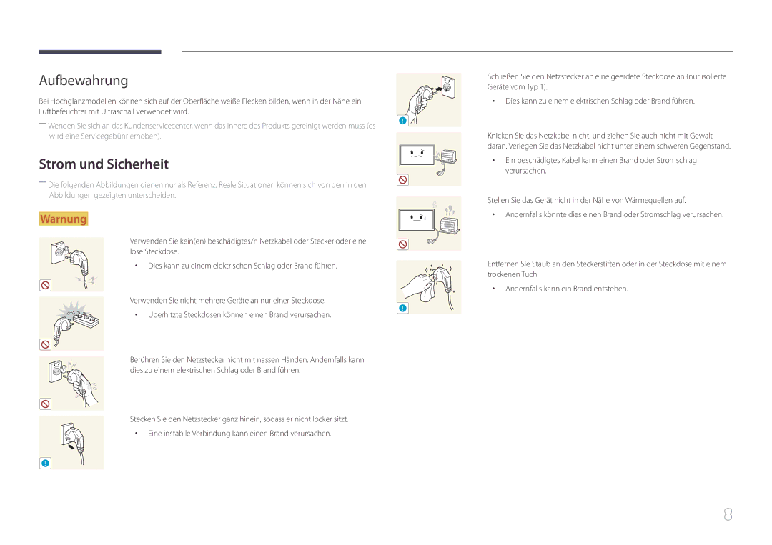 Samsung LH46UDCPLBB/EN, LH55UDCPLBB/EN manual Aufbewahrung, Strom und Sicherheit 