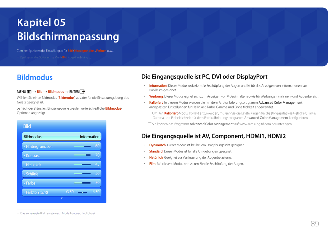 Samsung LH55UDCPLBB/EN, LH46UDCPLBB/EN Bildschirmanpassung, Bildmodus, Die Eingangsquelle ist PC, DVI oder DisplayPort 