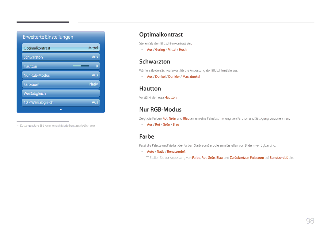 Samsung LH46UDCPLBB/EN, LH55UDCPLBB/EN manual Optimalkontrast, Schwarzton, Hautton, Nur RGB-Modus, Farbe 