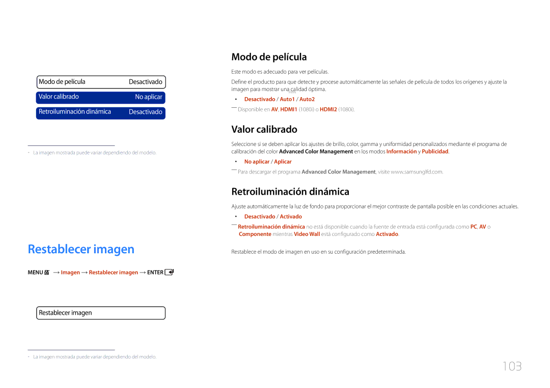 Samsung LH55UDCPLBB/EN manual Restablecer imagen, 103, Modo de película, Valor calibrado, Retroiluminación dinámica 