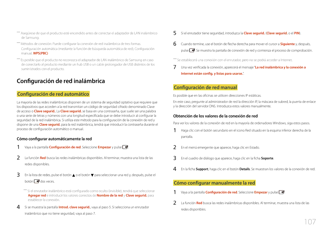 Samsung LH55UDCPLBB/EN, LH46UDCPLBB/EN manual 107, Configuración de red inalámbrica, Configuración de red automático 