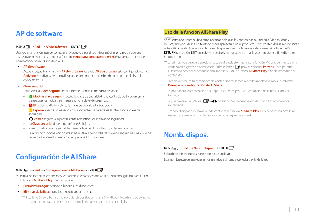 Samsung LH46UDCPLBB/EN manual AP de software, Configuración de AllShare, Nomb. dispos, 110, Uso de la función AllShare Play 