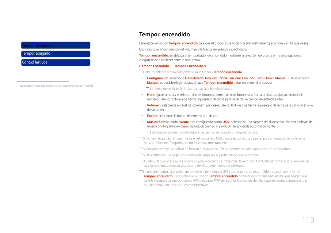 Samsung LH55UDCPLBB/EN, LH46UDCPLBB/EN manual 113, Tempor. encendido, Tempor. Encendido1 ~ Tempor. Encendido7 