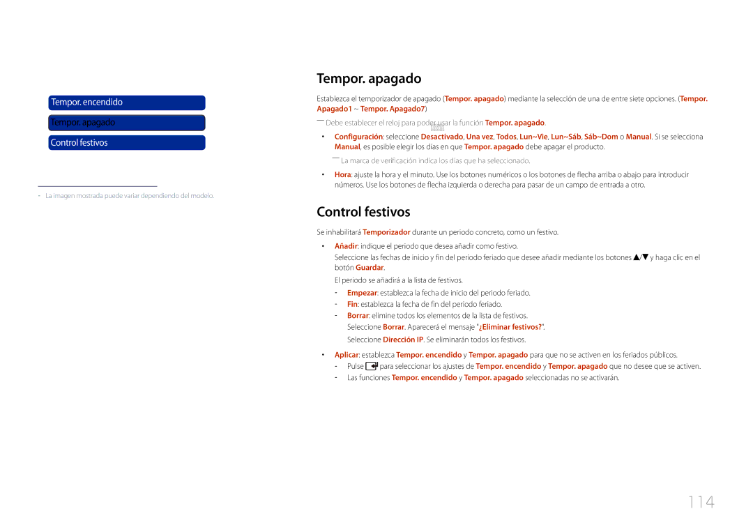 Samsung LH46UDCPLBB/EN, LH55UDCPLBB/EN manual 114, Tempor. apagado, Control festivos 