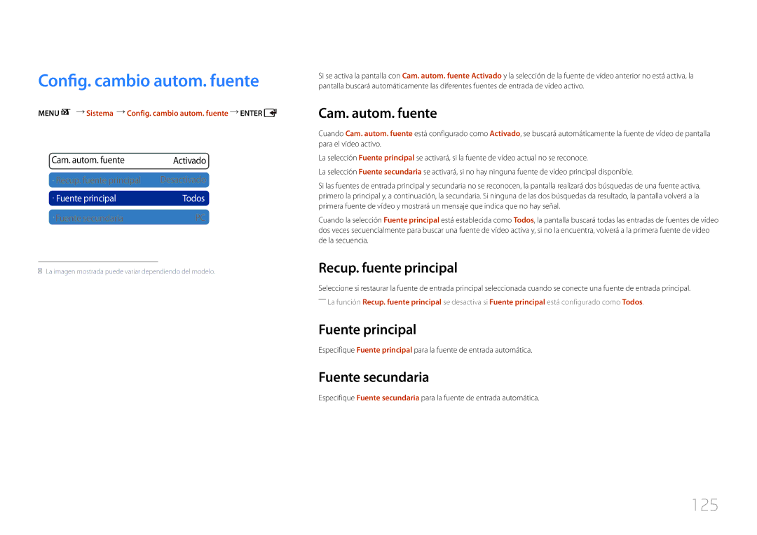 Samsung LH55UDCPLBB/EN, LH46UDCPLBB/EN manual Config. cambio autom. fuente, 125 