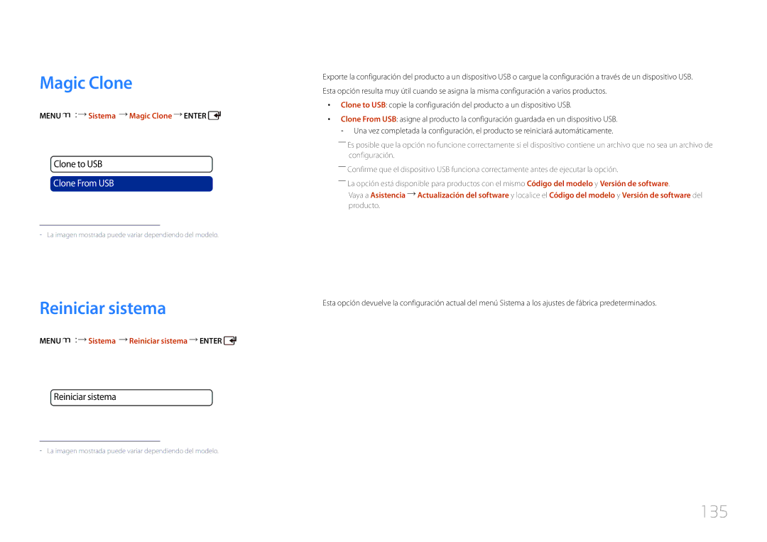 Samsung LH55UDCPLBB/EN, LH46UDCPLBB/EN manual Reiniciar sistema, 135, Menu m Sistema Magic Clone Enter 