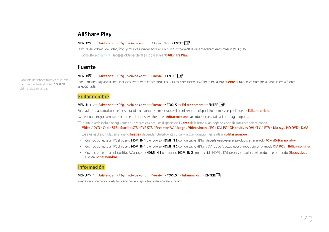 Samsung LH46UDCPLBB/EN, LH55UDCPLBB/EN manual 140, AllShare Play, Editar nombre, Información 