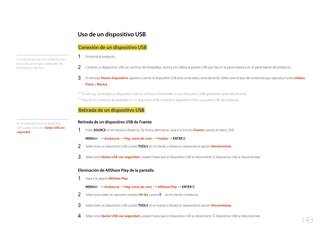 Samsung LH55UDCPLBB/EN 143, Uso de un dispositivo USB, Conexión de un dispositivo USB, Retirada de un dispositivo USB 