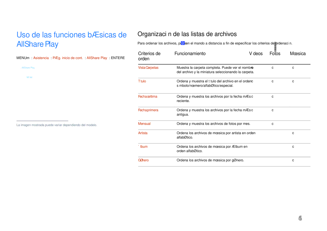 Samsung LH46UDCPLBB/EN manual Uso de las funciones básicas de AllShare Play, 146, Organización de las listas de archivos 