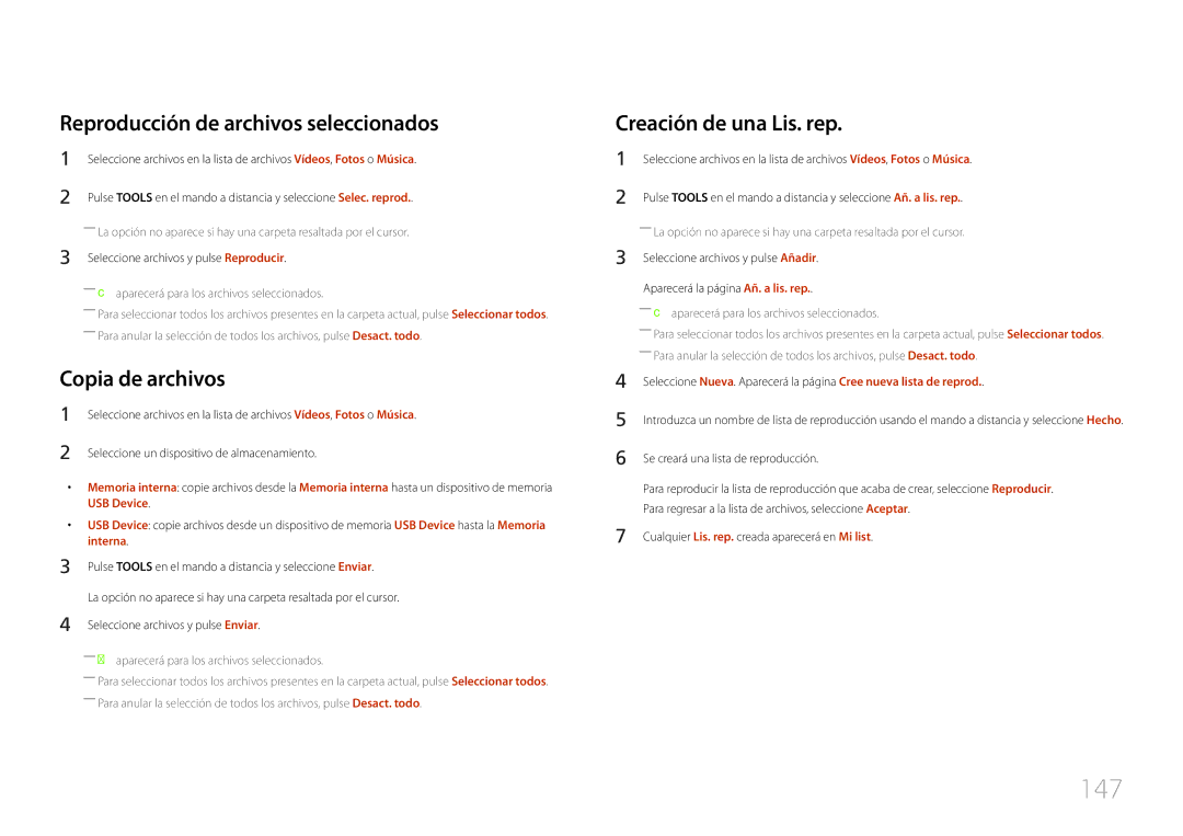 Samsung LH55UDCPLBB/EN manual 147, Reproducción de archivos seleccionados, Copia de archivos, Creación de una Lis. rep 