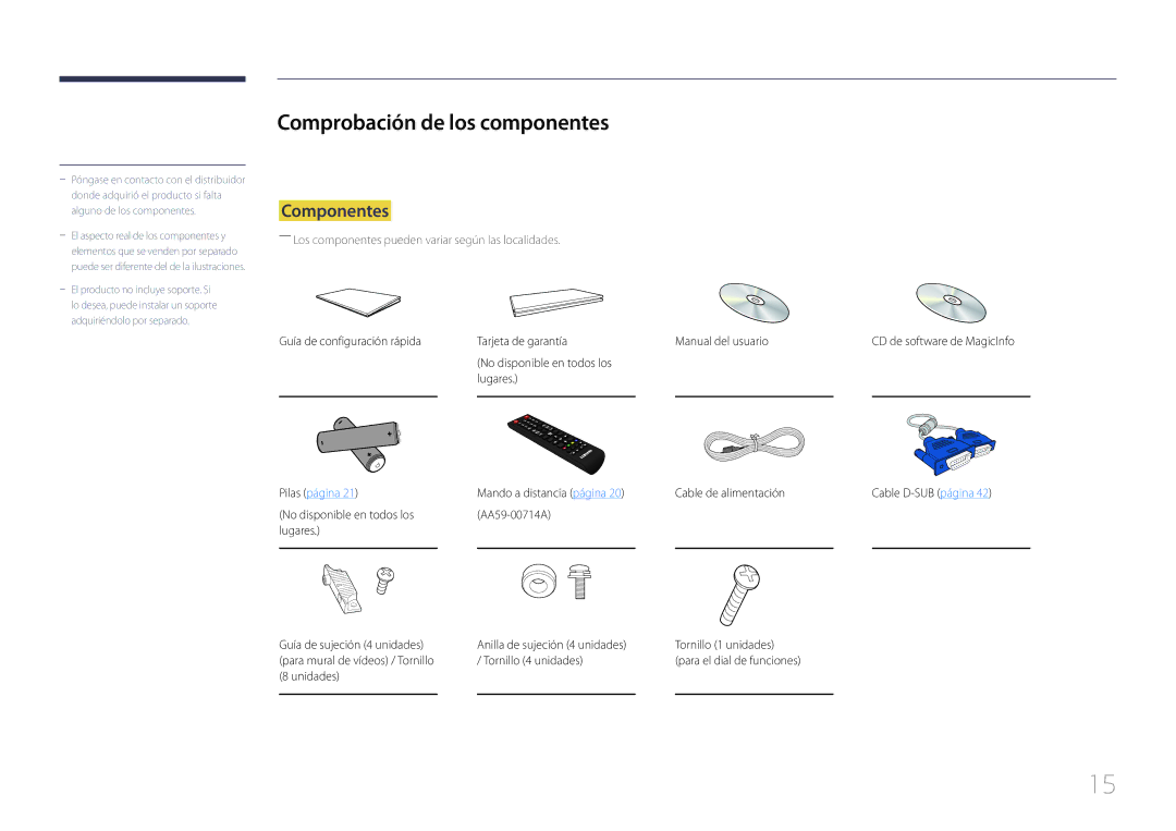 Samsung LH55UDCPLBB/EN, LH46UDCPLBB/EN manual Comprobación de los componentes, Componentes 