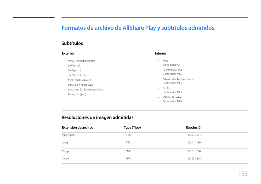 Samsung LH55UDCPLBB/EN, LH46UDCPLBB/EN manual Formatos de archivo de AllShare Play y subtítulos admitidos, 155, Subtítulos 