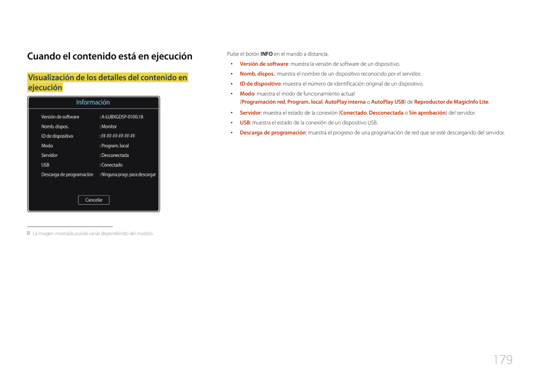 Samsung LH55UDCPLBB/EN, LH46UDCPLBB/EN manual 179, Cuando el contenido está en ejecución 