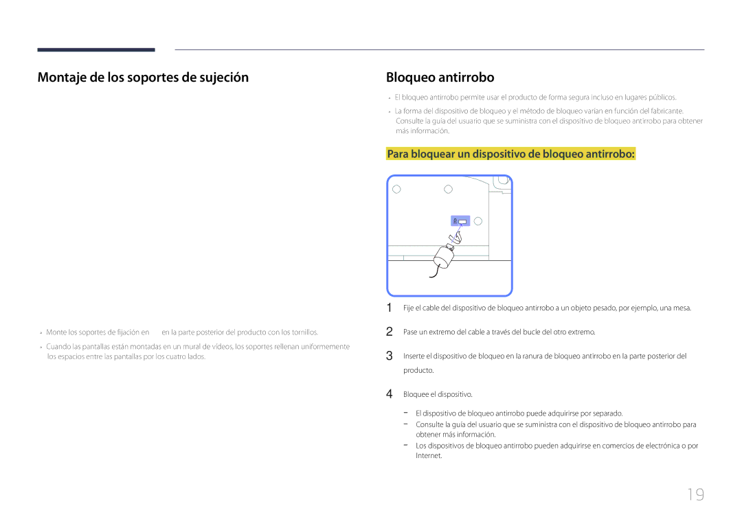 Samsung LH55UDCPLBB/EN manual Montaje de los soportes de sujeción, Bloqueo antirrobo, Producto, Bloquee el dispositivo 