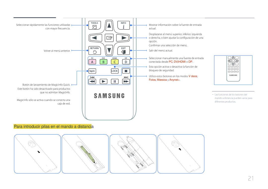 Samsung LH55UDCPLBB/EN Para introducir pilas en el mando a distancia, Volver al menú anterior, Fotos, Música y Anynet+ 