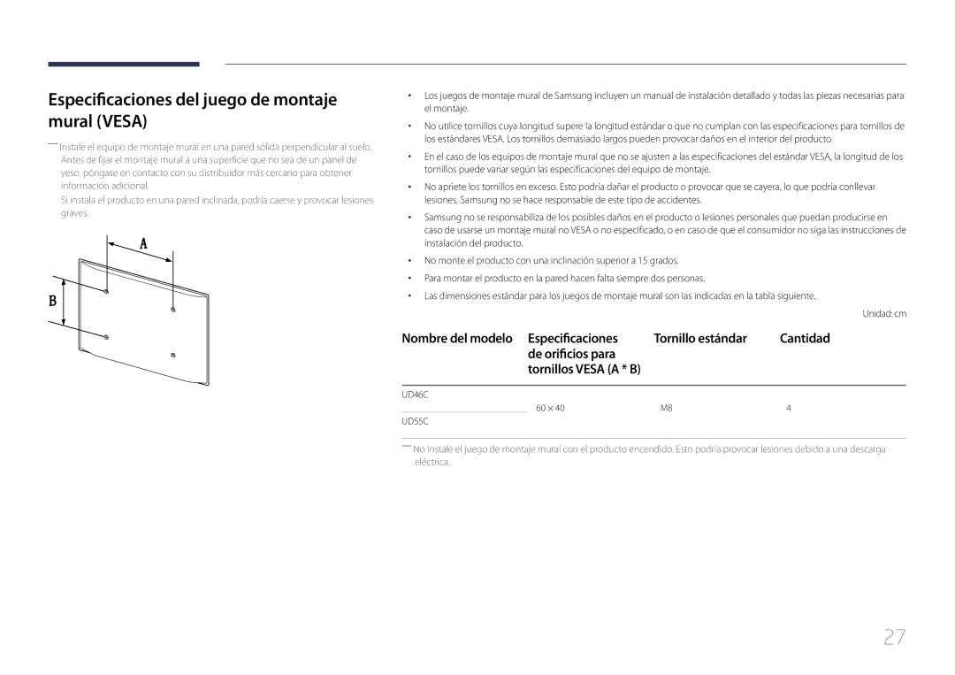 Samsung LH55UDCPLBB/EN, LH46UDCPLBB/EN manual Especificaciones del juego de montaje mural Vesa, Tornillos Vesa a * B 