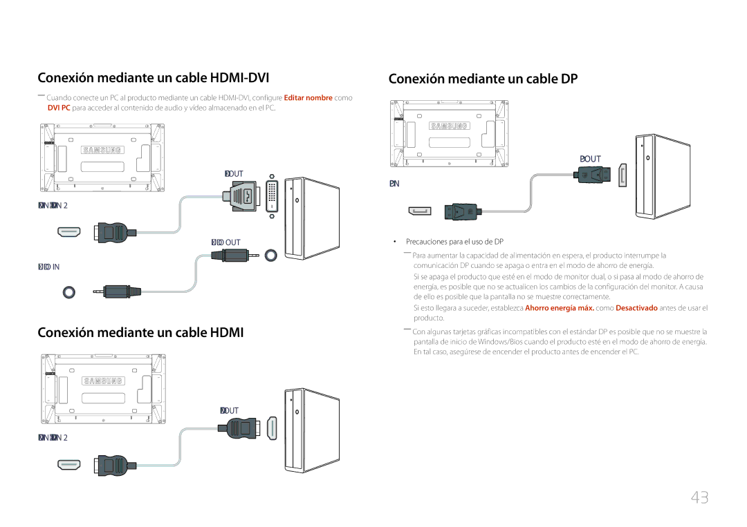 Samsung LH55UDCPLBB/EN Conexión mediante un cable HDMI-DVI, Conexión mediante un cable Hdmi, Conexión mediante un cable DP 