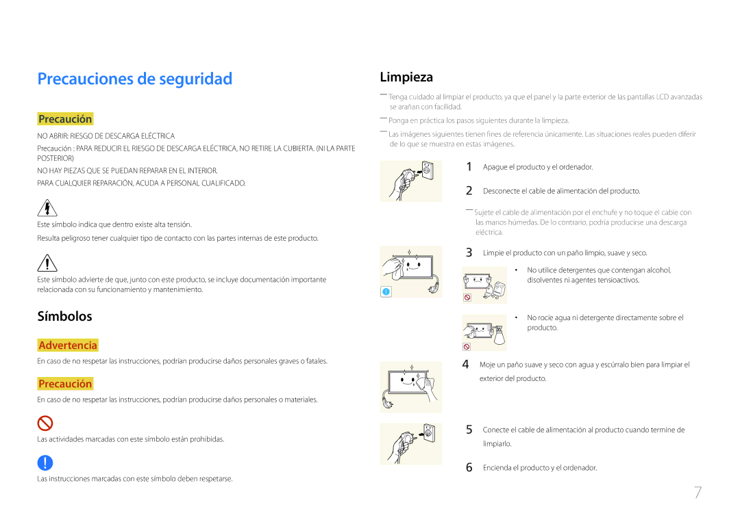 Samsung LH55UDCPLBB/EN manual Precauciones de seguridad, Limpieza, Símbolos, Precaución, Apague el producto y el ordenador 