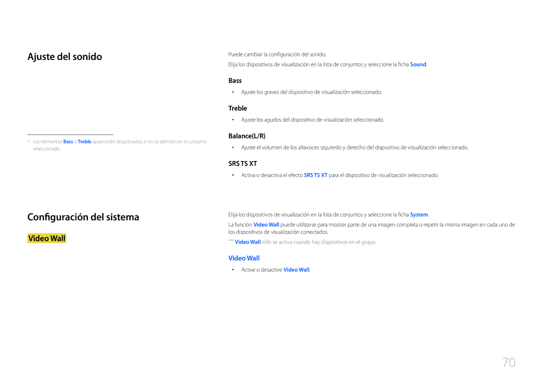 Samsung LH46UDCPLBB/EN, LH55UDCPLBB/EN manual Ajuste del sonido, Configuración del sistema, Active o desactive Video Wall 