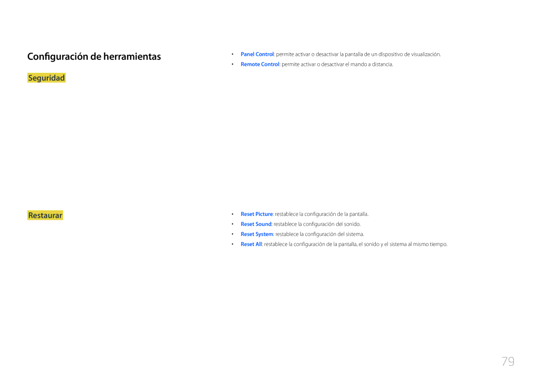 Samsung LH55UDCPLBB/EN, LH46UDCPLBB/EN manual Configuración de herramientas, Seguridad Restaurar 