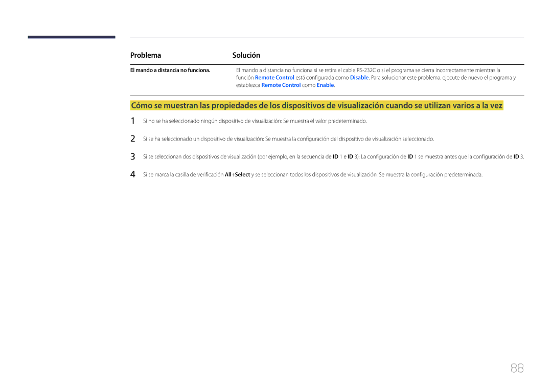 Samsung LH46UDCPLBB/EN, LH55UDCPLBB/EN manual ProblemaSolución, El mando a distancia no funciona 