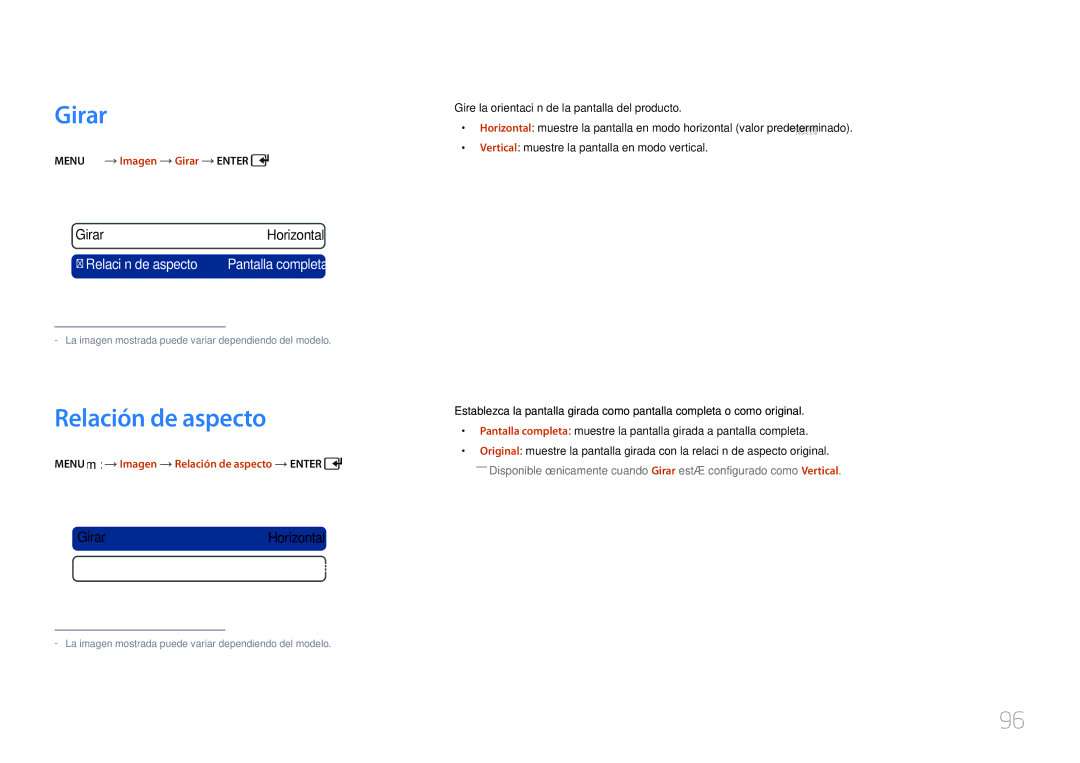 Samsung LH46UDCPLBB/EN, LH55UDCPLBB/EN manual Menu m Imagen Girar Enter, Menu m Imagen Relación de aspecto Enter 