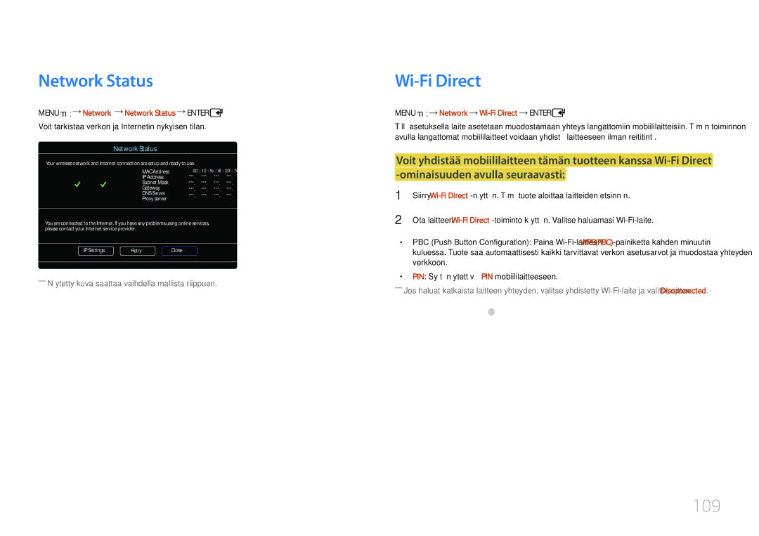 Samsung LH55UDCPLBB/EN, LH46UDCPLBB/EN 109, Menu m Network Network Status Enter, Menu m Network Wi-Fi Direct Enter 