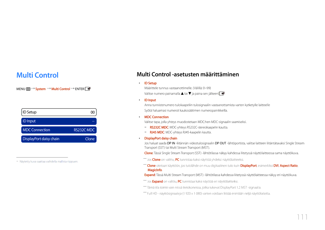 Samsung LH55UDCPLBB/EN, LH46UDCPLBB/EN manual Multi Control, 111, Syötä haluamasi numerot kaukosäätimen numeropainikkeilla 