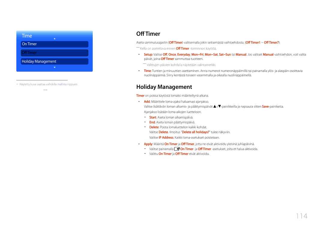 Samsung LH46UDCPLBB/EN, LH55UDCPLBB/EN manual 114, Off Timer, Holiday Management, Delete Poista lomaluettelon kaikki kohdat 