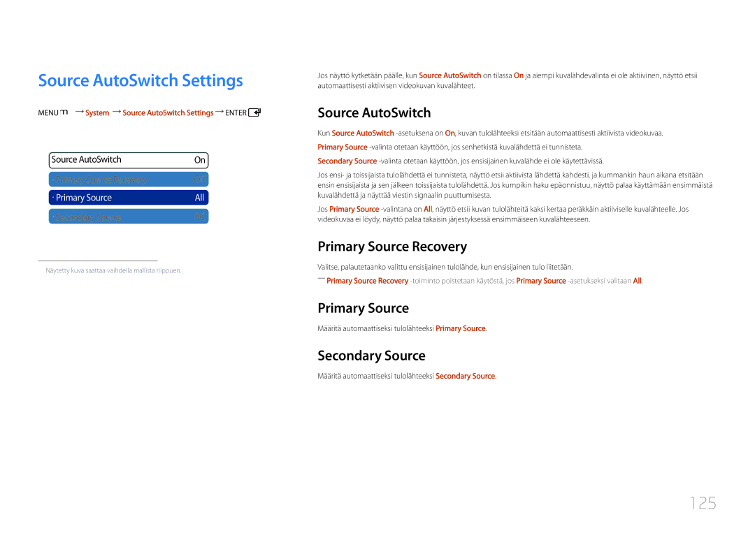 Samsung LH55UDCPLBB/EN, LH46UDCPLBB/EN manual Source AutoSwitch Settings, 125 