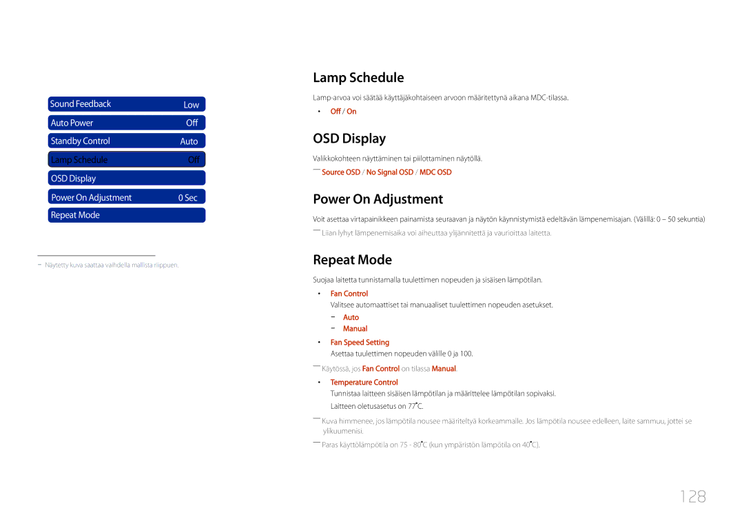 Samsung LH46UDCPLBB/EN, LH55UDCPLBB/EN manual 128, Lamp Schedule, OSD Display, Power On Adjustment, Repeat Mode 