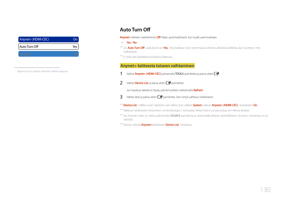 Samsung LH46UDCPLBB/EN, LH55UDCPLBB/EN manual 130, Auto Turn Off, Anynet+-laitteesta toiseen vaihtaminen, Yes / No 