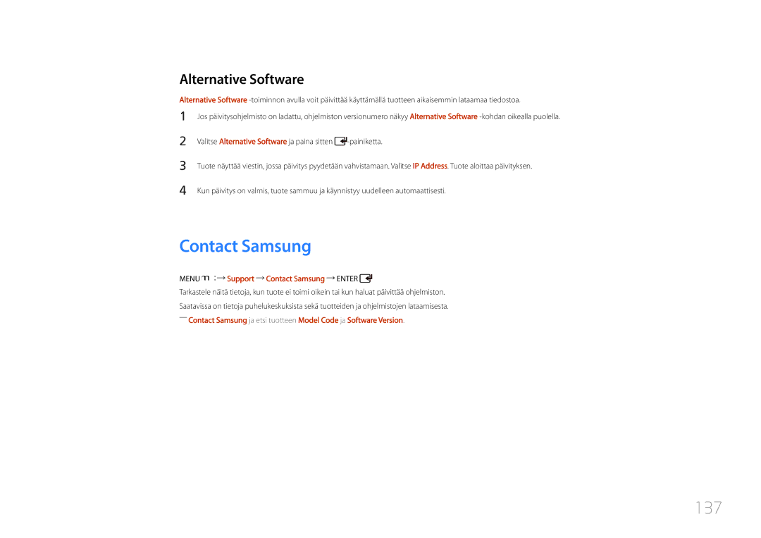 Samsung LH55UDCPLBB/EN, LH46UDCPLBB/EN manual 137, Alternative Software, Menu m Support Contact Samsung Enter 