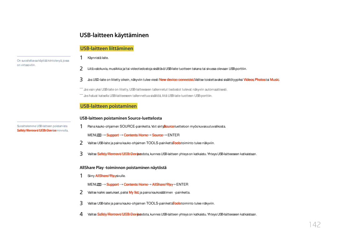 Samsung LH46UDCPLBB/EN, LH55UDCPLBB/EN 142, USB-laitteen käyttäminen, USB-laitteen liittäminen, USB-laitteen poistaminen 