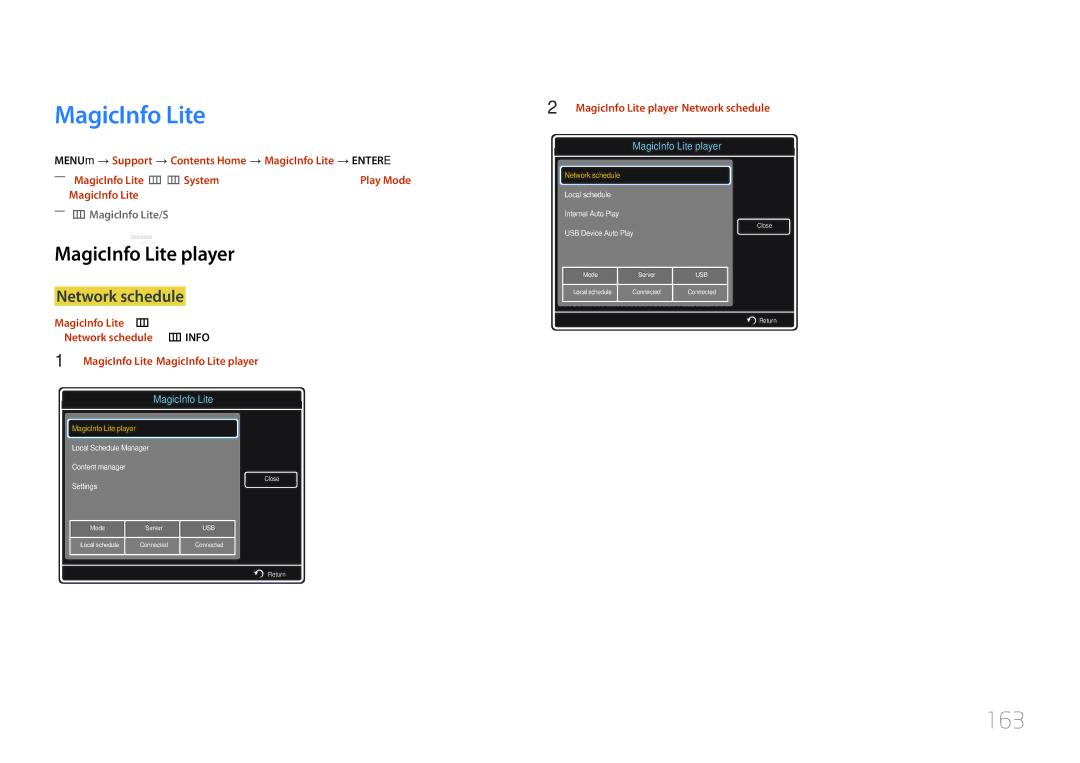 Samsung LH55UDCPLBB/EN, LH46UDCPLBB/EN manual 163, MagicInfo Lite player, Network schedule 