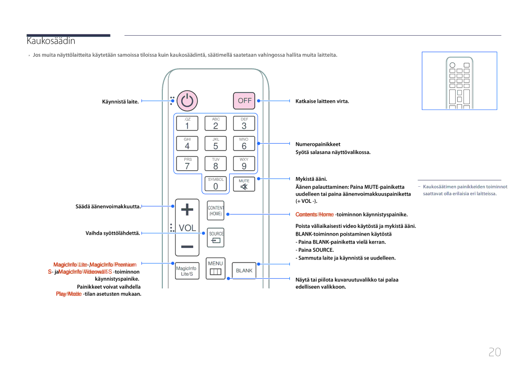 Samsung LH46UDCPLBB/EN, LH55UDCPLBB/EN manual Kaukosäädin, Käynnistä laite, + VOL Contents Home -toiminnon käynnistyspainike 