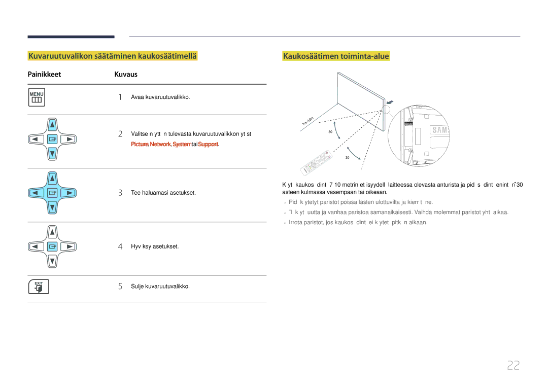 Samsung LH46UDCPLBB/EN manual Kuvaruutuvalikon säätäminen kaukosäätimellä, Kaukosäätimen toiminta-alue, PainikkeetKuvaus 