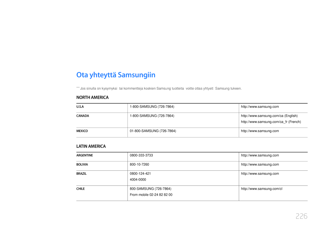 Samsung LH46UDCPLBB/EN, LH55UDCPLBB/EN manual Ota yhteyttä Samsungiin, 226 