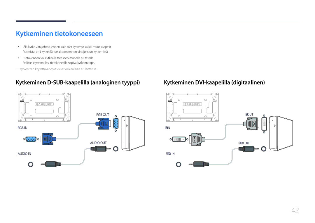 Samsung LH46UDCPLBB/EN, LH55UDCPLBB/EN manual Kytkeminen tietokoneeseen, Kytkeminen D-SUB-kaapelilla analoginen tyyppi 