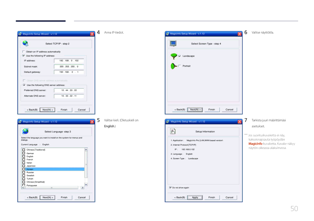 Samsung LH46UDCPLBB/EN, LH55UDCPLBB/EN manual Anna IP-tiedot, Asetukset 